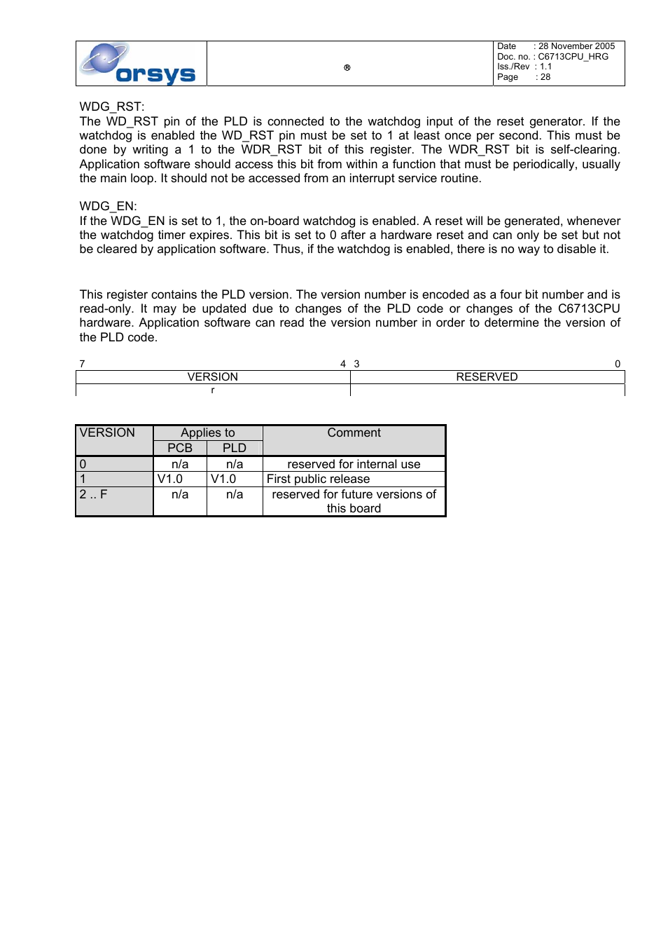 Version register (ver), Table 8: version register encoding | Kane Industries C6713CPU User Manual | Page 28 / 54