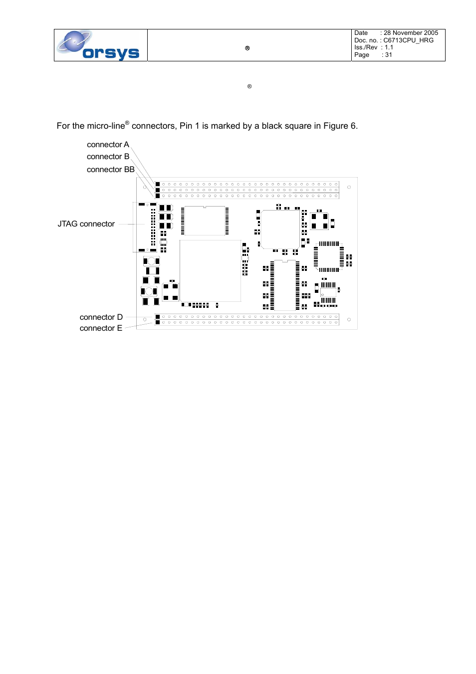 6 description of the micro-line, Board connectors, Location of the connectors | Figure 6: connector locations, Chapter 6 describes ext, Pter 6.1 for | Kane Industries C6713CPU User Manual | Page 31 / 54