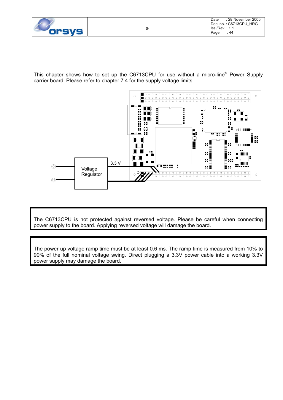 7 environment, Minimum connections, Figure 8: supplying the c6713cpu with power | Chapter 7 lists environ, Pter 7.1 for, Caution | Kane Industries C6713CPU User Manual | Page 44 / 54