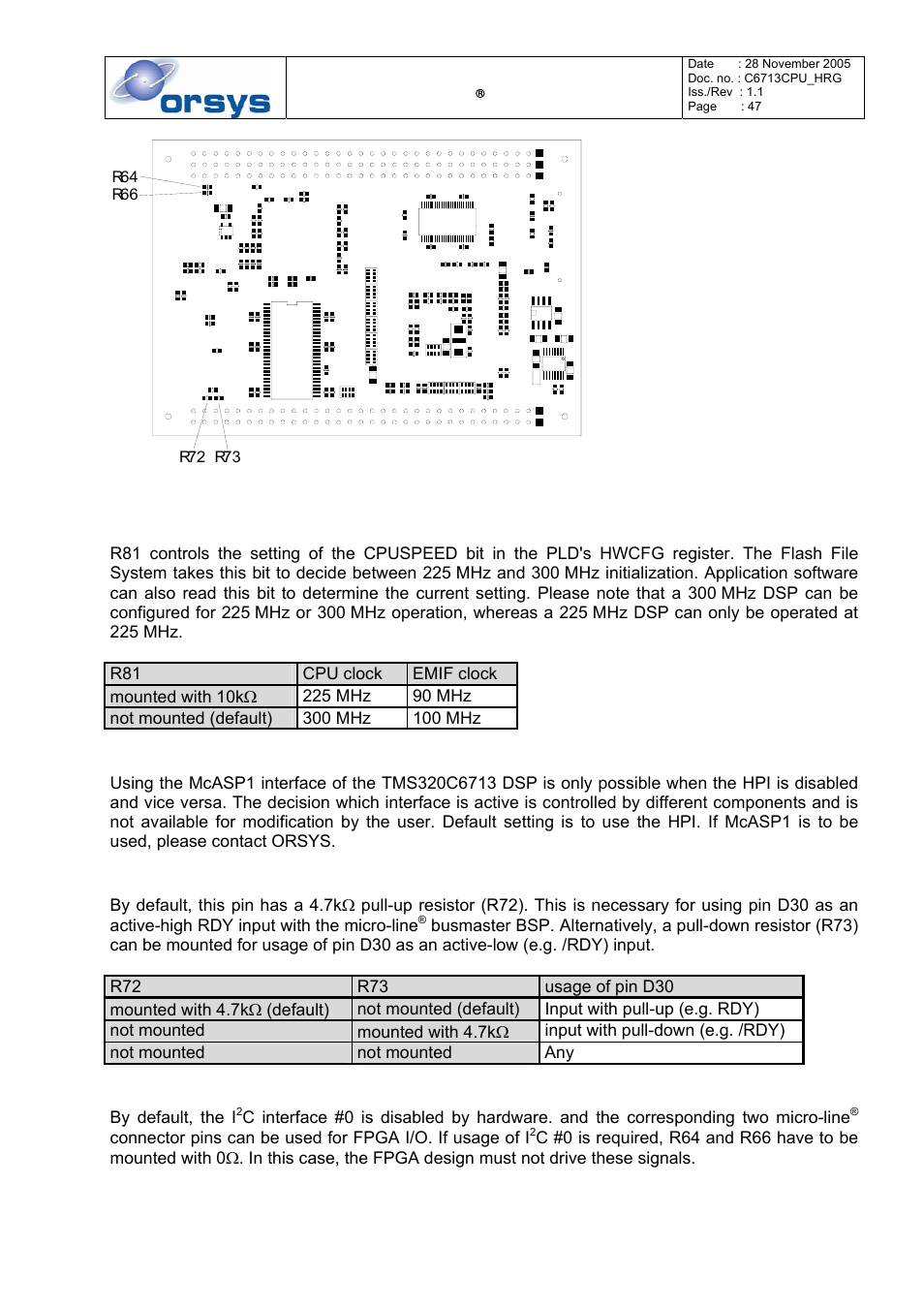 Configuring dsp clock speed, Configuring for hpi or mcasp1 usage, Configuring micro-line | Pin d30 termination, Configuring for i, C interface #0 operation, Chapter 7.2.4 for details | Kane Industries C6713CPU User Manual | Page 47 / 54