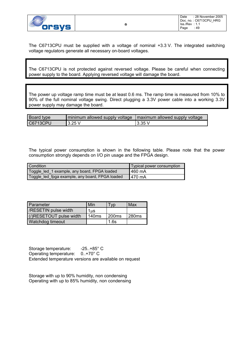 Supply voltage, Power consumption, Reset timing | Ambient temperature, Ambient humidity, Table 18: voltage limits for the c6713cpu, Table 19: power consumption of the c6713cpu, Table 20: reset timing, Caution | Kane Industries C6713CPU User Manual | Page 49 / 54