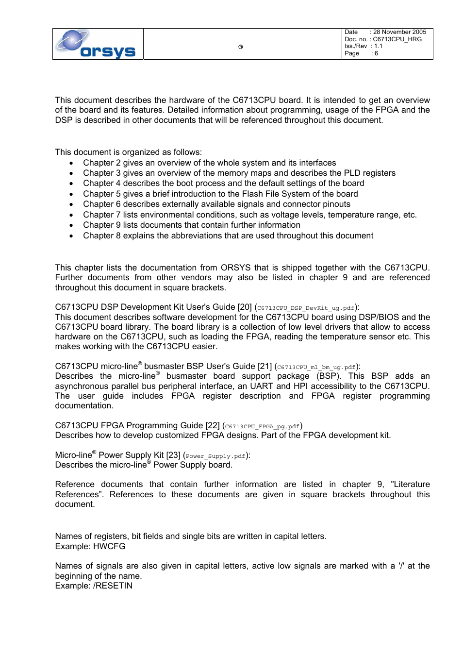 1 preface, Document organization, Documentation overview | Notational conventions | Kane Industries C6713CPU User Manual | Page 6 / 54