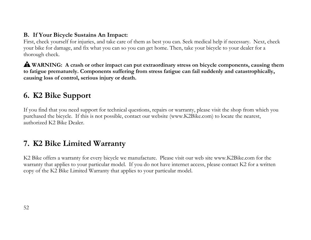 K2 bike support, K2 bike limited warranty | K2 Bike K2 BICYCLE User Manual | Page 51 / 51