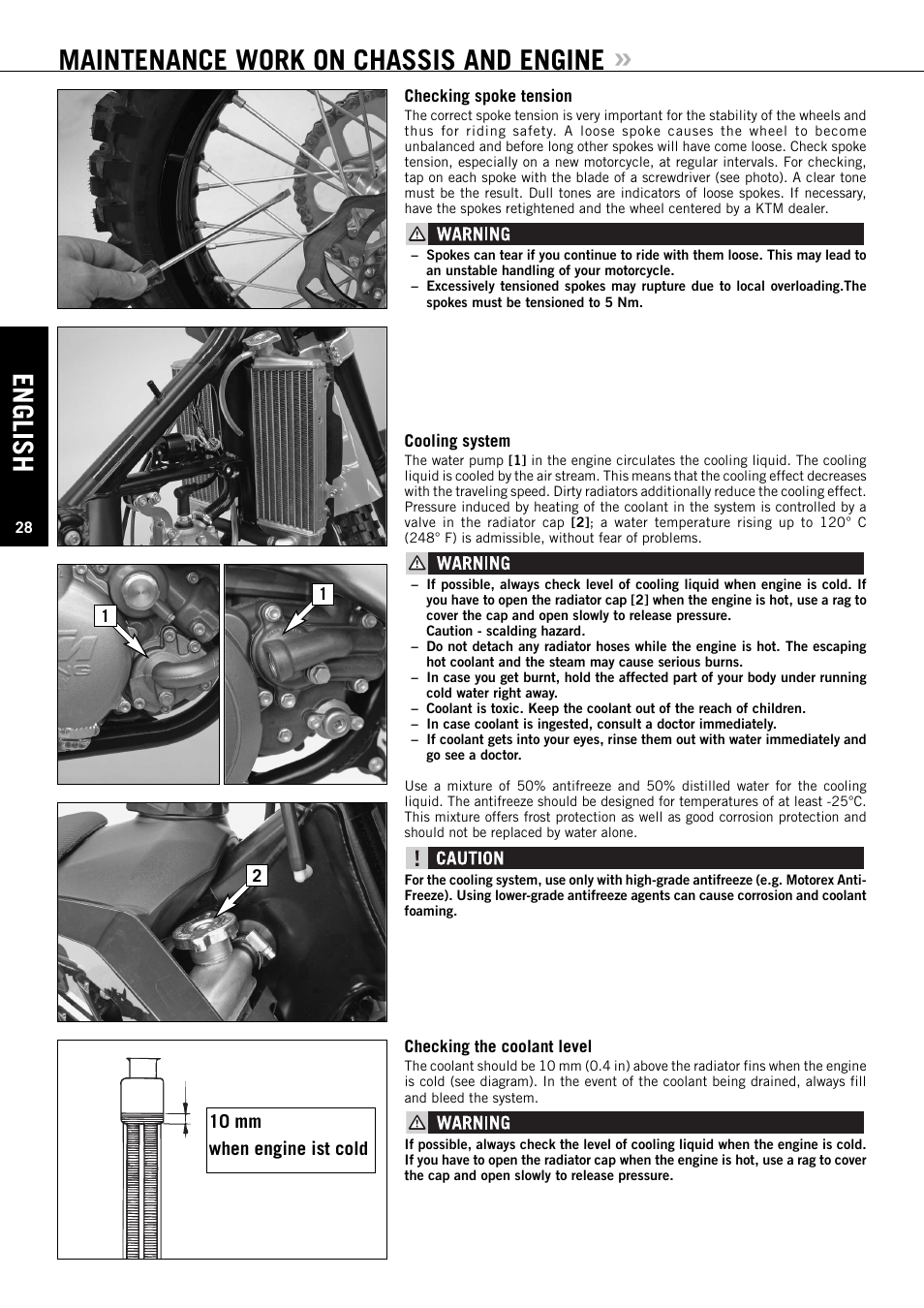 English, Maintenance work on chassis and engine, 10 mm when engine ist cold | KTM 144 SX User Manual | Page 29 / 48