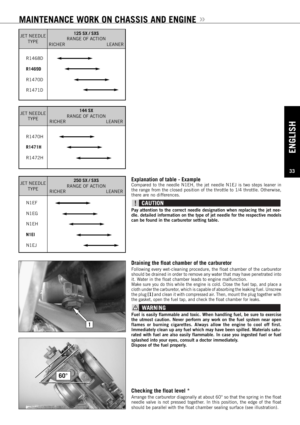 English, Maintenance work on chassis and engine | KTM 144 SX User Manual | Page 34 / 48