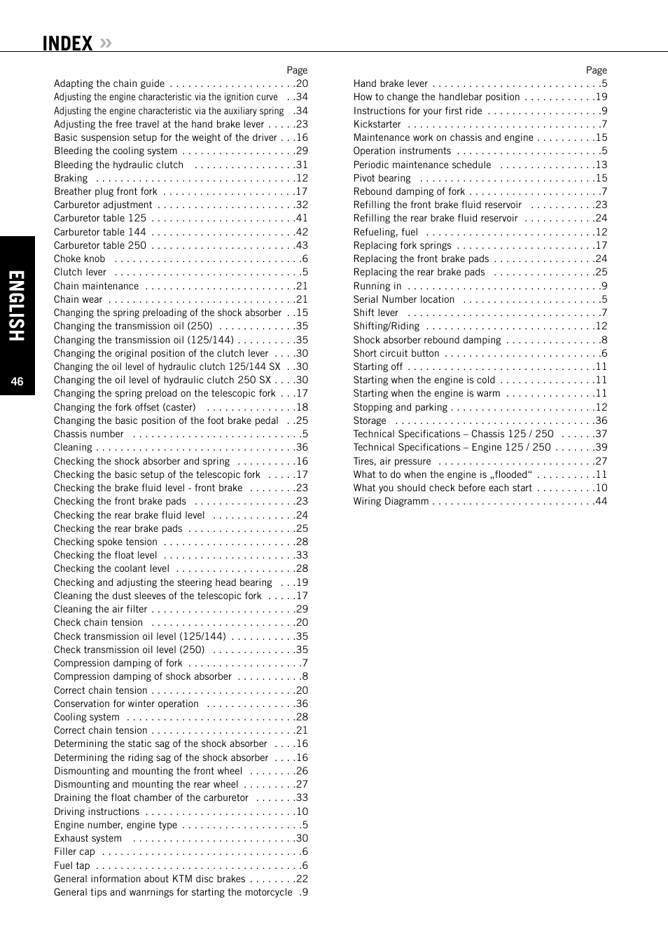 Index, English | KTM 144 SX User Manual | Page 47 / 48