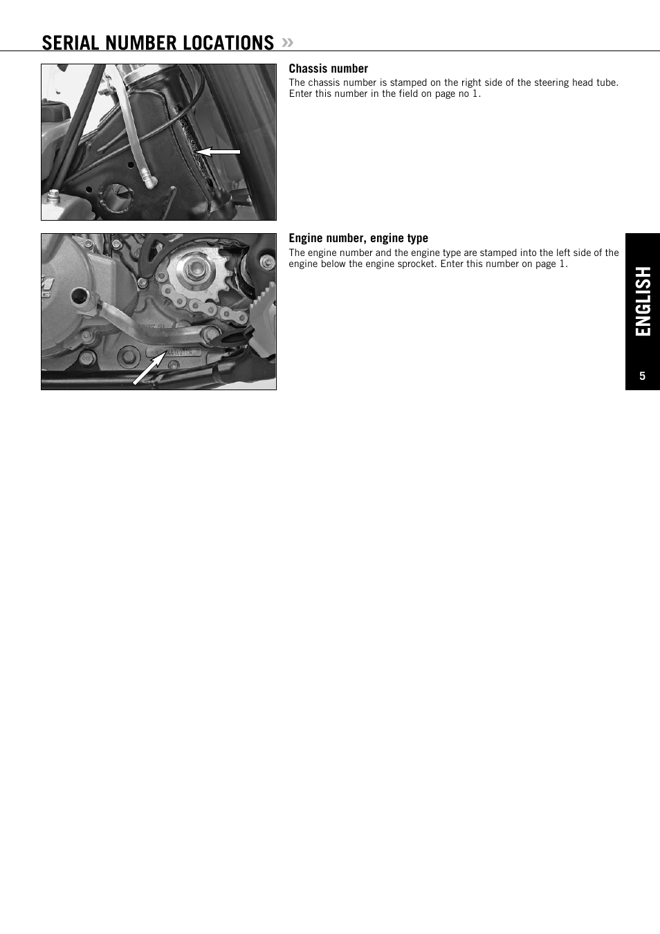 Serial number locations, English | KTM 250 XC-F User Manual | Page 6 / 68