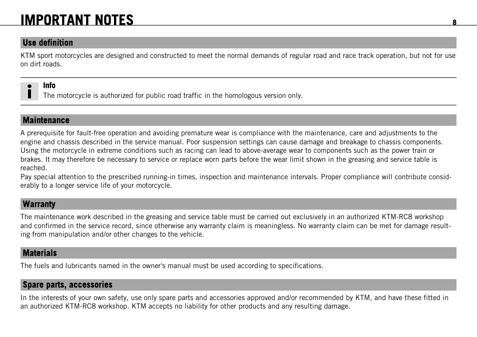 Important notes | KTM 1190 RC8 FR User Manual | Page 10 / 234
