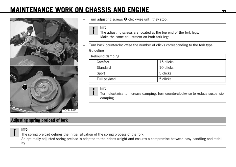 Adjusting spring preload of fork, Maintenance work on chassis and engine | KTM 1190 RC8 FR User Manual | Page 101 / 234