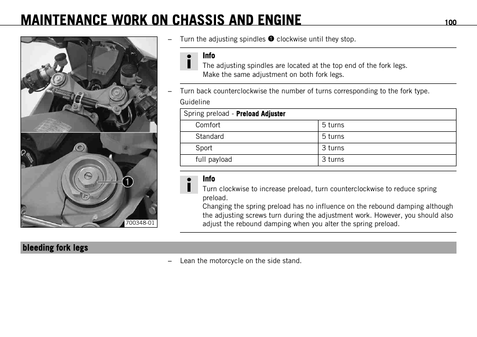 Bleeding fork legs, S. 100), Maintenance work on chassis and engine | KTM 1190 RC8 FR User Manual | Page 102 / 234