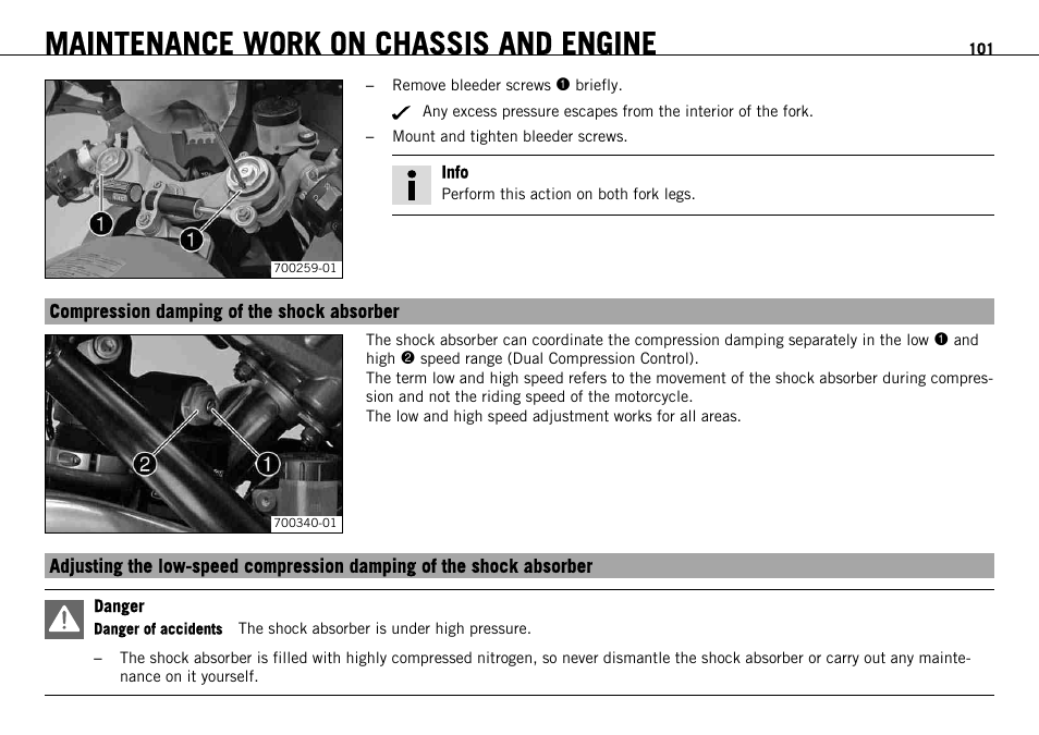 Compression damping of the shock absorber, Maintenance work on chassis and engine | KTM 1190 RC8 FR User Manual | Page 103 / 234