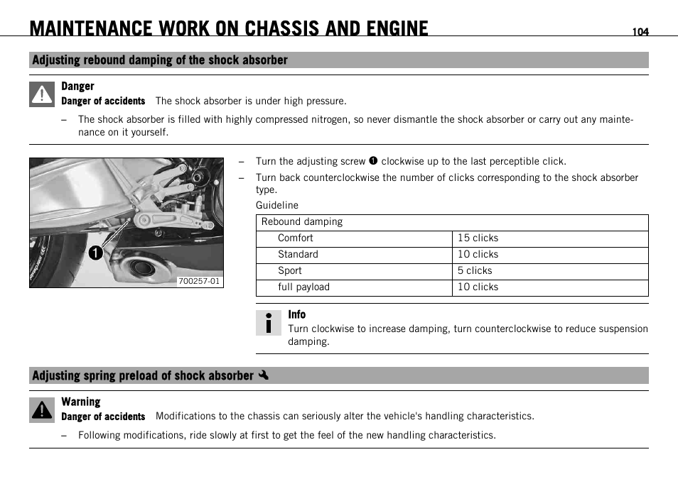 Adjusting rebound damping of the shock absorber, Adjusting spring preload of shock absorber x, Maintenance work on chassis and engine | KTM 1190 RC8 FR User Manual | Page 106 / 234