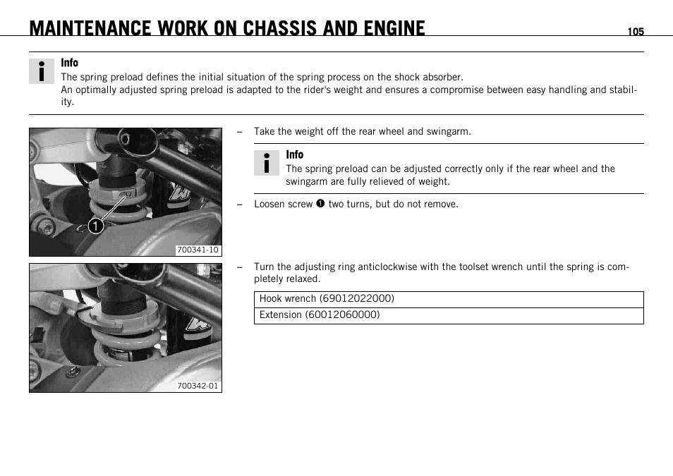 Maintenance work on chassis and engine | KTM 1190 RC8 FR User Manual | Page 107 / 234