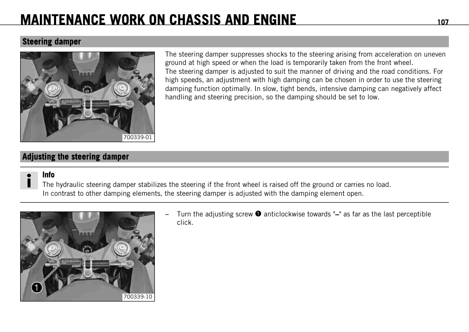Steering damper, Adjusting the steering damper, Steering damper adjusting the steering damper | Maintenance work on chassis and engine | KTM 1190 RC8 FR User Manual | Page 109 / 234