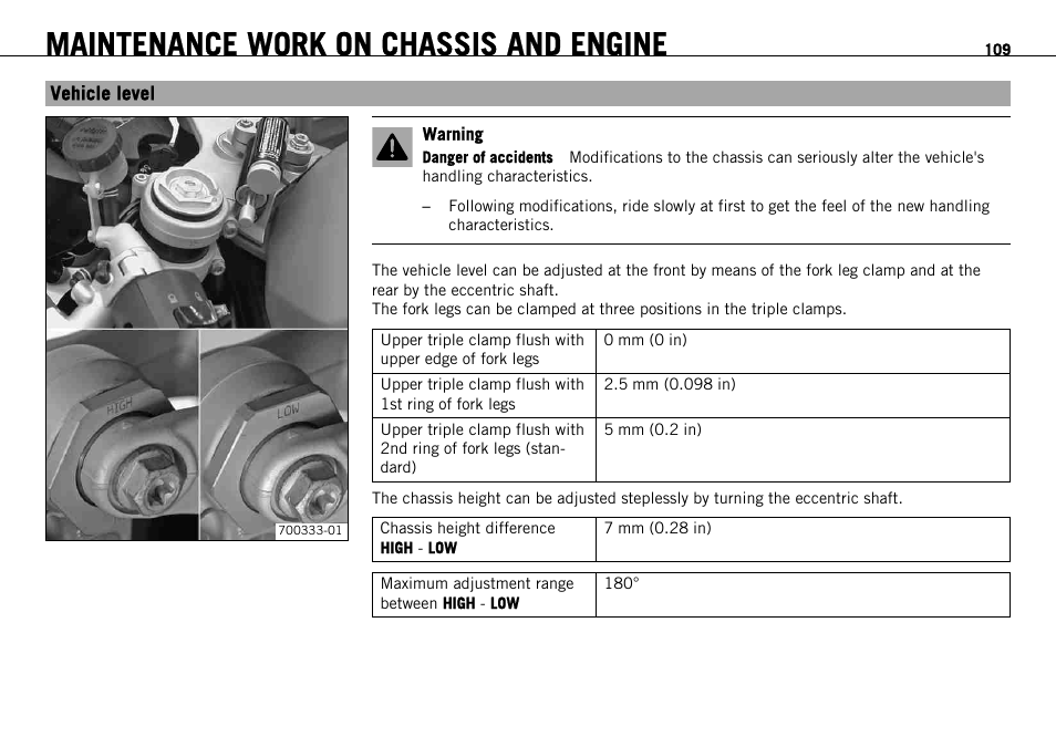 Vehicle level, Maintenance work on chassis and engine | KTM 1190 RC8 FR User Manual | Page 111 / 234
