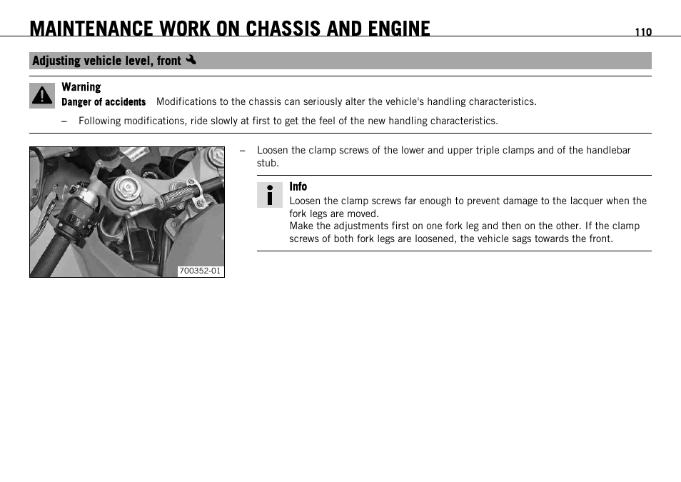 Adjusting vehicle level, front x, Adjusting vehicle level, front, Maintenance work on chassis and engine | KTM 1190 RC8 FR User Manual | Page 112 / 234