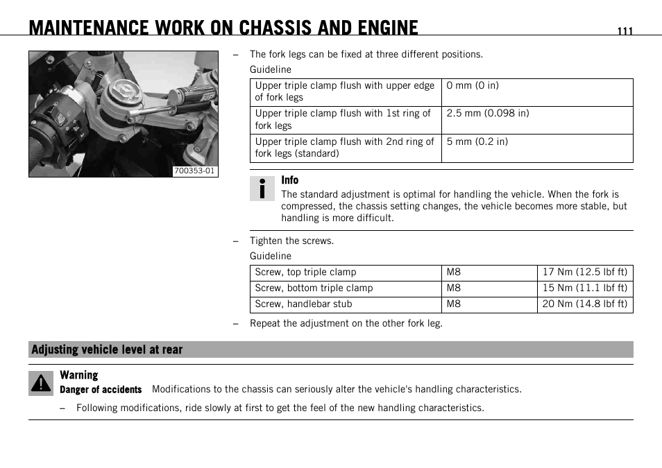 Adjusting vehicle level at rear, Maintenance work on chassis and engine | KTM 1190 RC8 FR User Manual | Page 113 / 234