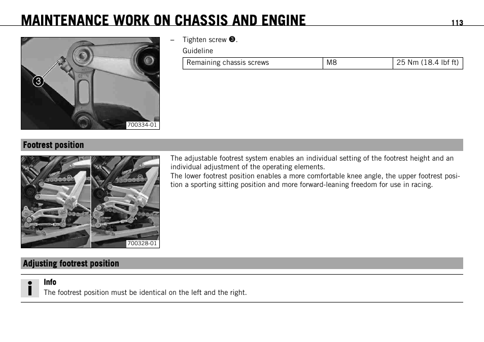 Footrest position, Adjusting footrest position, Footrest position adjusting footrest position | Maintenance work on chassis and engine | KTM 1190 RC8 FR User Manual | Page 115 / 234