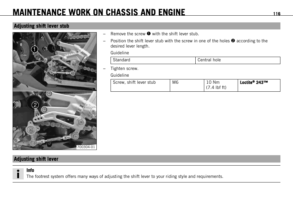 Adjusting shift lever stub, Adjusting shift lever, S. 116) | Maintenance work on chassis and engine | KTM 1190 RC8 FR User Manual | Page 118 / 234
