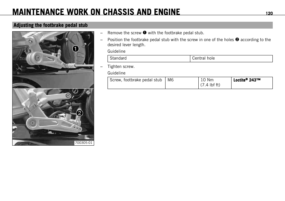 Adjusting the footbrake pedal stub, Maintenance work on chassis and engine | KTM 1190 RC8 FR User Manual | Page 122 / 234