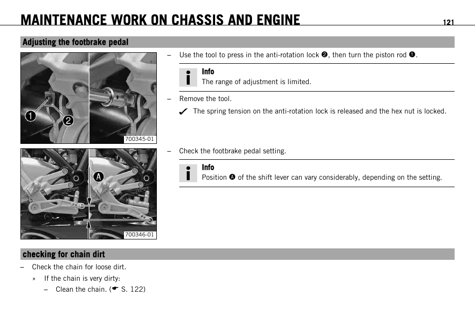 Adjusting the footbrake pedal, Checking for chain dirt, S. 121) | Maintenance work on chassis and engine | KTM 1190 RC8 FR User Manual | Page 123 / 234