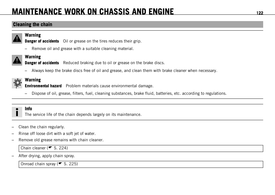 Cleaning the chain, S. 122), Maintenance work on chassis and engine | KTM 1190 RC8 FR User Manual | Page 124 / 234