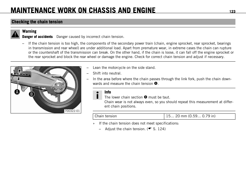 Checking the chain tension, S. 123), Maintenance work on chassis and engine | KTM 1190 RC8 FR User Manual | Page 125 / 234