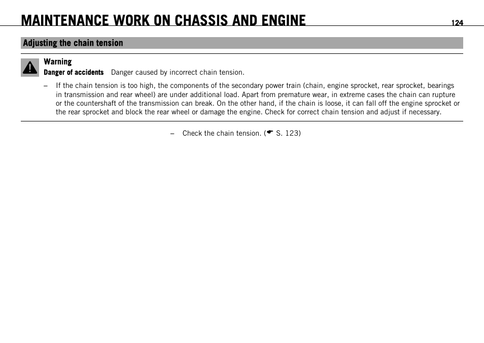 Adjusting the chain tension, Maintenance work on chassis and engine | KTM 1190 RC8 FR User Manual | Page 126 / 234