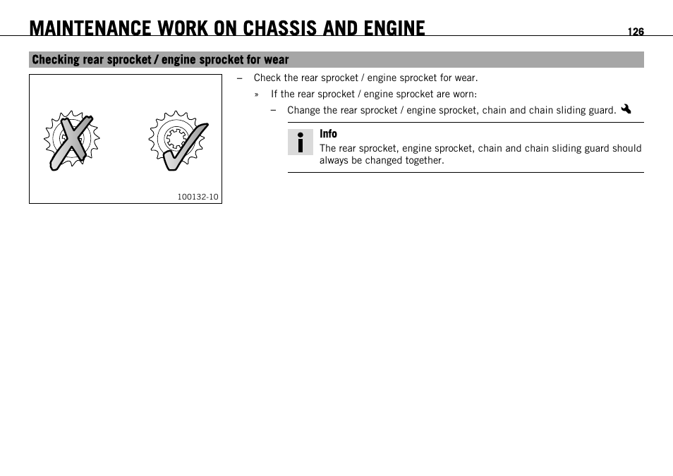 Checking rear sprocket / engine sprocket for wear, S. 126), Maintenance work on chassis and engine | KTM 1190 RC8 FR User Manual | Page 128 / 234