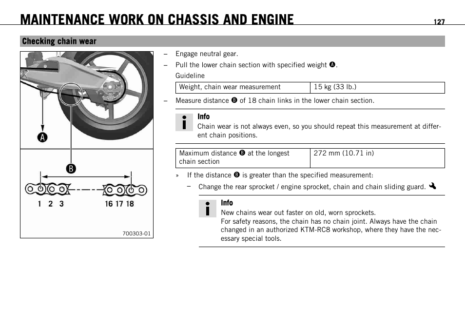 Checking chain wear, S. 127), Maintenance work on chassis and engine | KTM 1190 RC8 FR User Manual | Page 129 / 234
