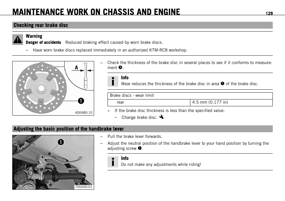 Checking rear brake disc, S. 129), Maintenance work on chassis and engine | KTM 1190 RC8 FR User Manual | Page 131 / 234