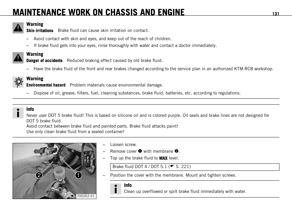 Maintenance work on chassis and engine | KTM 1190 RC8 FR User Manual | Page 133 / 234