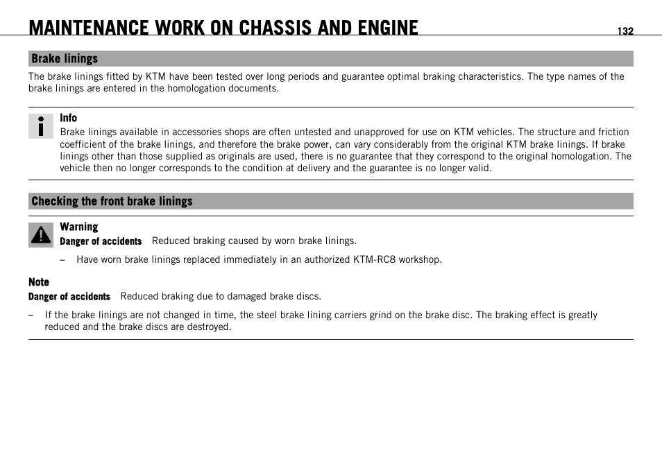 Brake linings, Checking the front brake linings, Brake linings checking the front brake linings | S. 132), Maintenance work on chassis and engine | KTM 1190 RC8 FR User Manual | Page 134 / 234