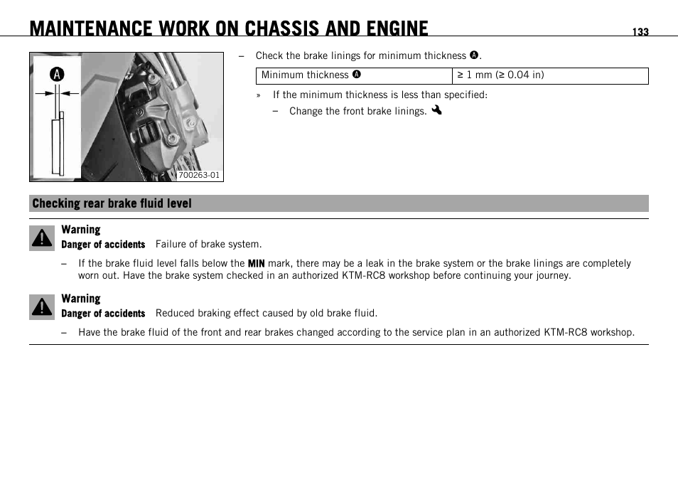 Checking rear brake fluid level, S. 133), Maintenance work on chassis and engine | KTM 1190 RC8 FR User Manual | Page 135 / 234