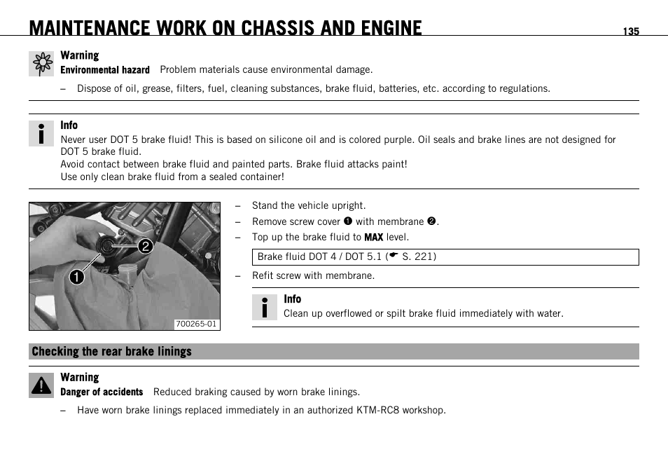 Checking the rear brake linings, S. 135), Maintenance work on chassis and engine | KTM 1190 RC8 FR User Manual | Page 137 / 234