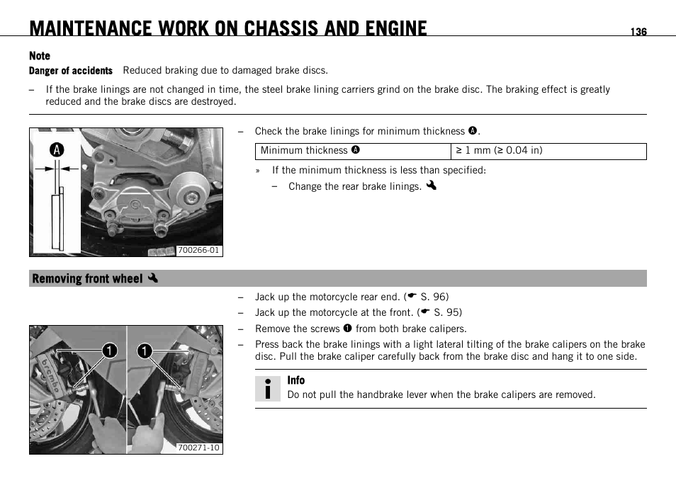 Removing front wheel x, Removing front wheel, Maintenance work on chassis and engine | KTM 1190 RC8 FR User Manual | Page 138 / 234