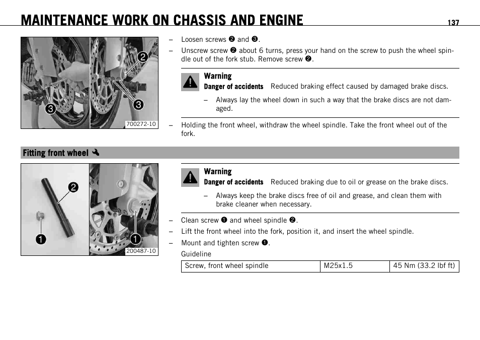 Fitting front wheel x, Fitting front wheel, Maintenance work on chassis and engine | KTM 1190 RC8 FR User Manual | Page 139 / 234
