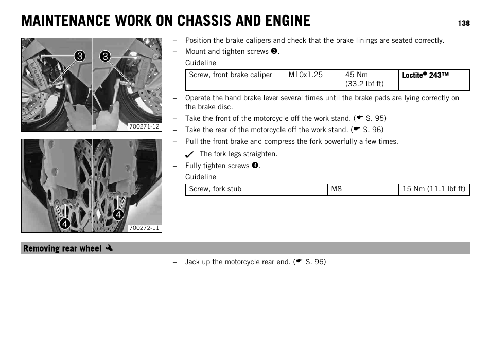 Removing rear wheel x, Removing rear wheel, Maintenance work on chassis and engine | KTM 1190 RC8 FR User Manual | Page 140 / 234