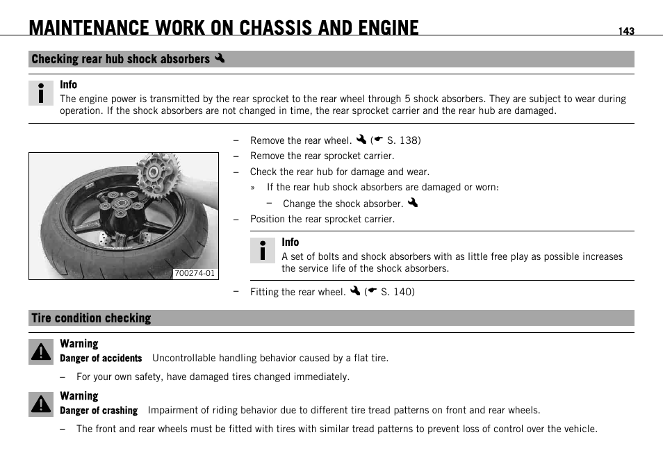 Checking rear hub shock absorbers x, Tire condition checking, Checking rear hub shock absorbers | S. 143), Maintenance work on chassis and engine | KTM 1190 RC8 FR User Manual | Page 145 / 234
