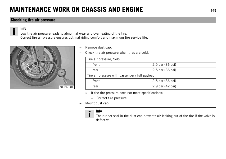 Checking tire air pressure, S. 145), Maintenance work on chassis and engine | KTM 1190 RC8 FR User Manual | Page 147 / 234