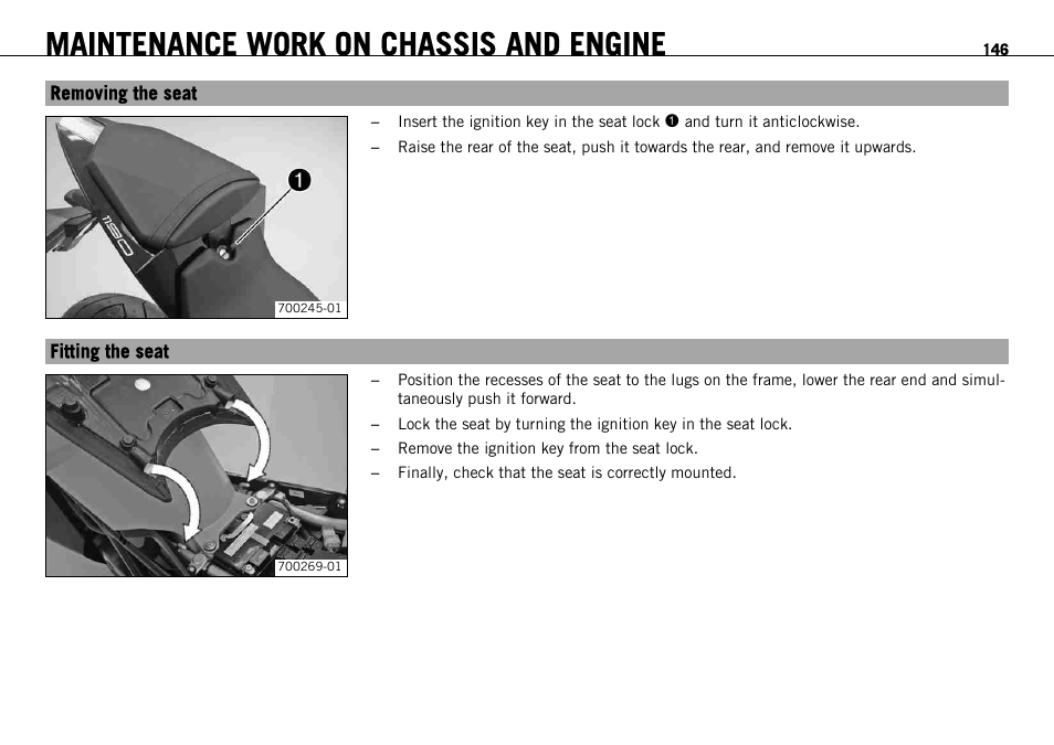 Removing the seat, Fitting the seat, Removing the seat fitting the seat | Maintenance work on chassis and engine | KTM 1190 RC8 FR User Manual | Page 148 / 234