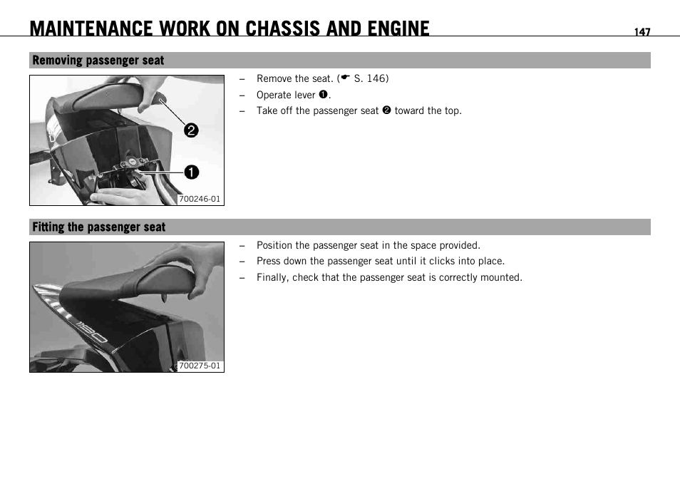 Removing passenger seat, Fitting the passenger seat, Removing passenger seat fitting the passenger seat | Maintenance work on chassis and engine | KTM 1190 RC8 FR User Manual | Page 149 / 234