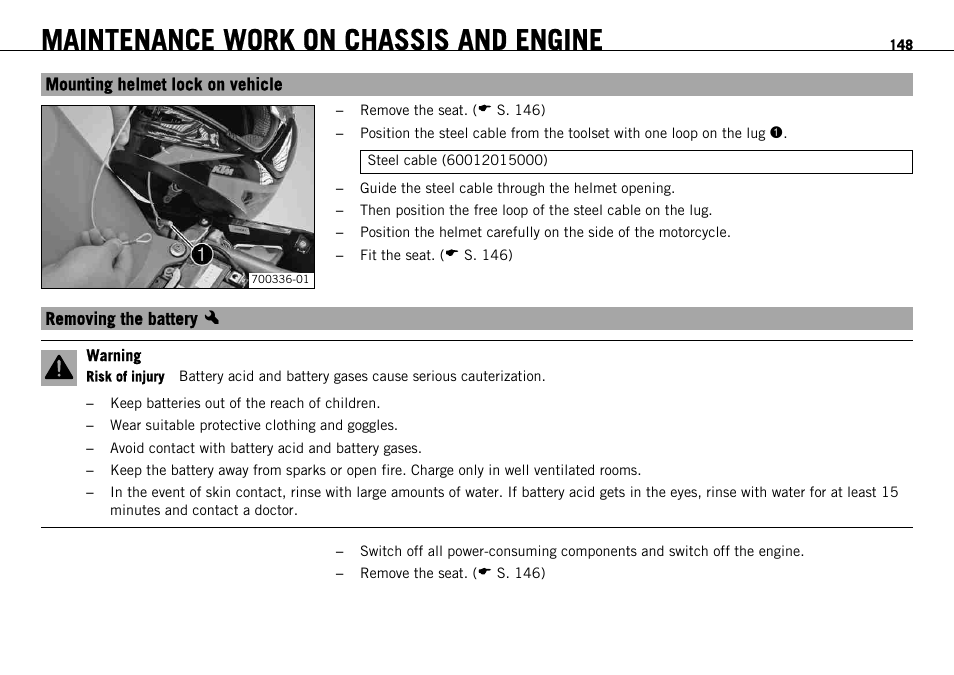 Mounting helmet lock on vehicle, Removing the battery x, Maintenance work on chassis and engine | KTM 1190 RC8 FR User Manual | Page 150 / 234
