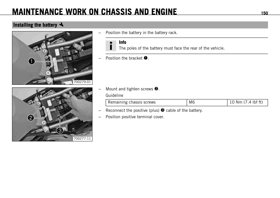 Installing the battery x, Installing the battery, Maintenance work on chassis and engine | KTM 1190 RC8 FR User Manual | Page 152 / 234