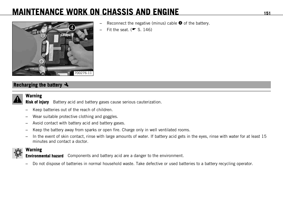 Recharging the battery x, Recharging the battery, Maintenance work on chassis and engine | KTM 1190 RC8 FR User Manual | Page 153 / 234