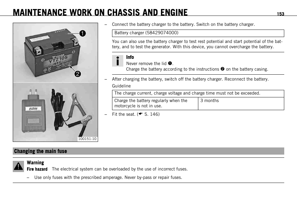 Changing the main fuse, Maintenance work on chassis and engine | KTM 1190 RC8 FR User Manual | Page 155 / 234