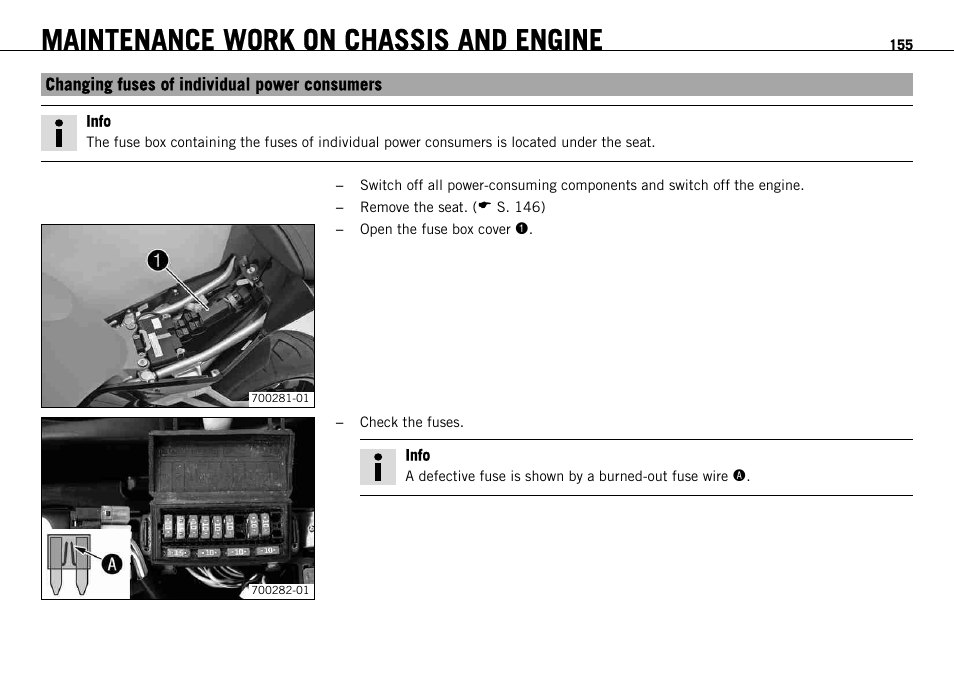 Changing fuses of individual power consumers, Maintenance work on chassis and engine | KTM 1190 RC8 FR User Manual | Page 157 / 234