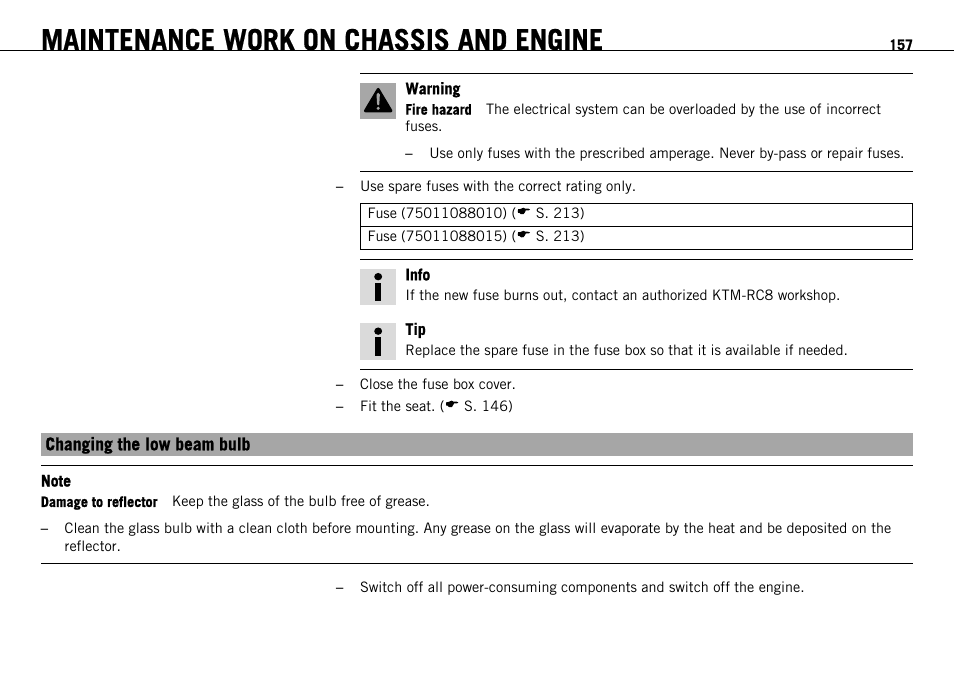 Changing the low beam bulb, Maintenance work on chassis and engine | KTM 1190 RC8 FR User Manual | Page 159 / 234