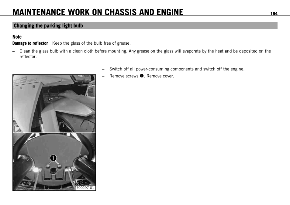 Changing the parking light bulb, Maintenance work on chassis and engine | KTM 1190 RC8 FR User Manual | Page 166 / 234