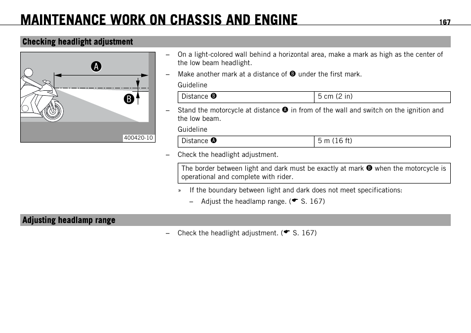 Checking headlight adjustment, Adjusting headlamp range, S. 167) | KTM 1190 RC8 FR User Manual | Page 169 / 234